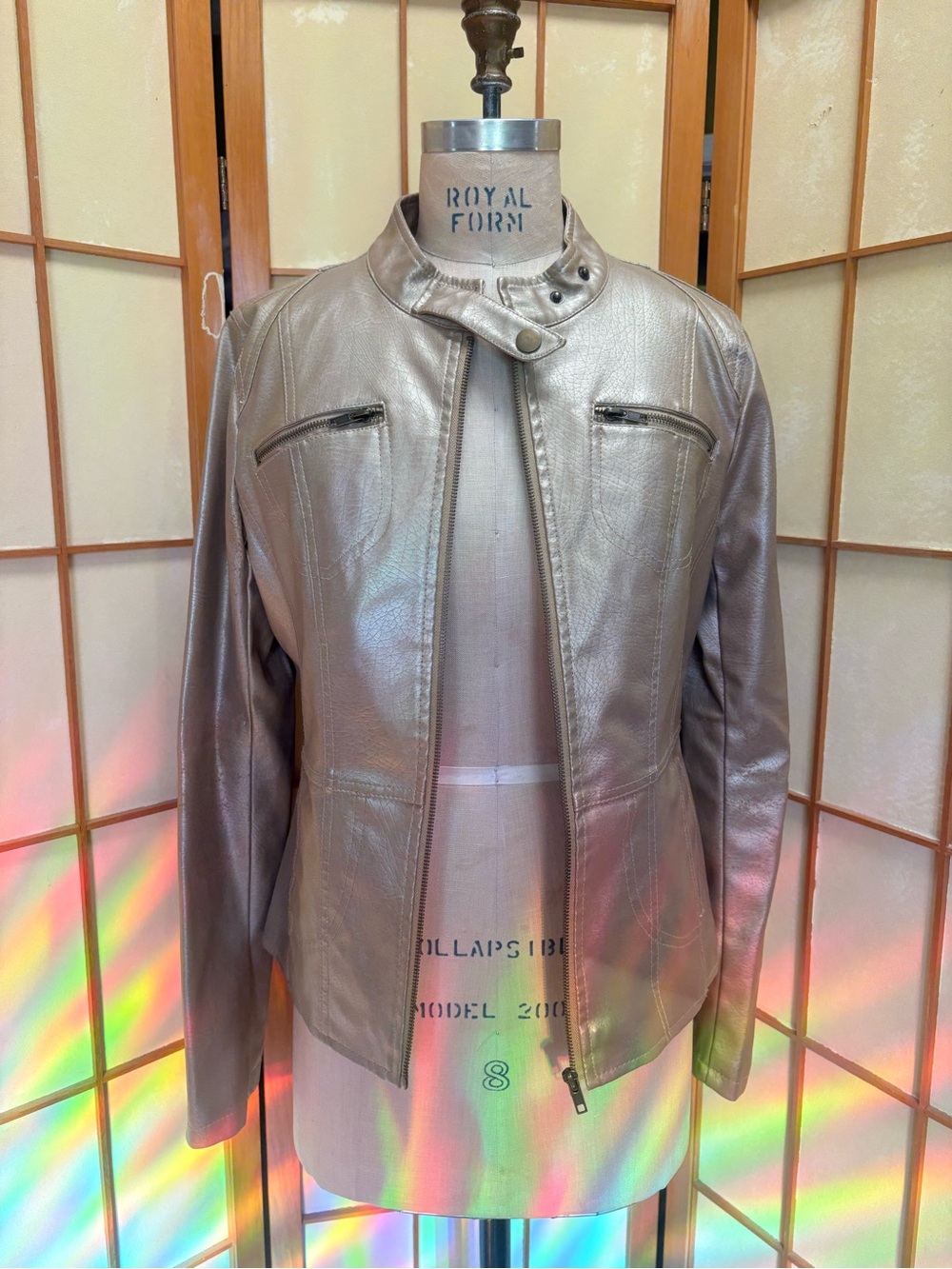 Frida G London Metallic Gold Faux Leather Moto Jacket Y2K Disco Racer Sz M